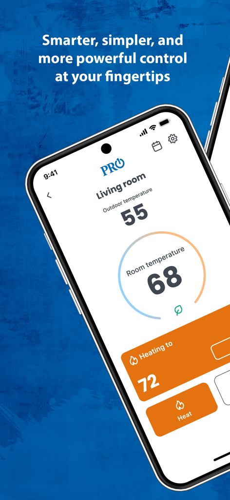 PRO1 Connect - A smartphone displaying the PRO1 Connect app interface with living room temperature and heating controls