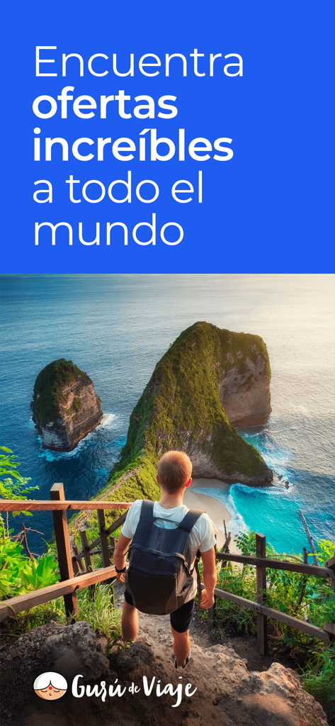 Un viajero contemplando una costa tropical con el texto encuentra increíbles ofertas de viaje en todo el mundo