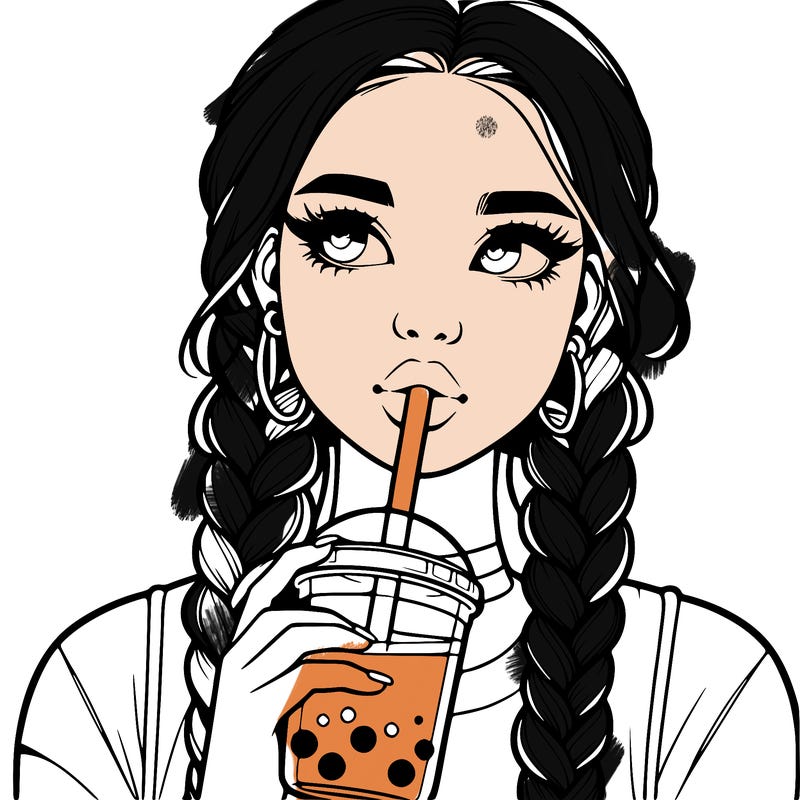 realistic girl with braided hair drinking boba