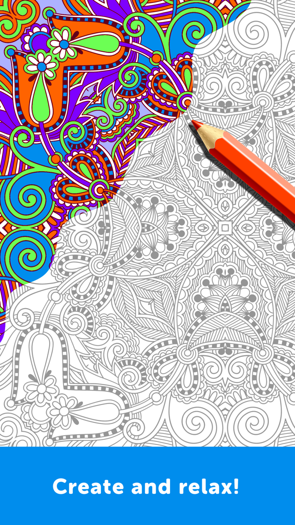 Adult Coloring Book - Coloring Book for Adults - An intricate floral pattern being colored in a digital coloring book app with an orange pencil.