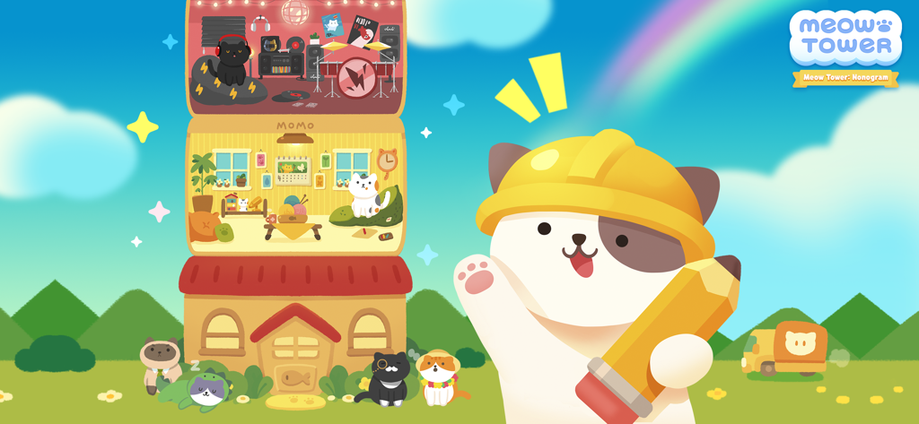 Meow Tower - Nonogram Puzzle - A cute cat wearing a construction hat and holding a pencil standing next to a decorated multi-story cat tower.