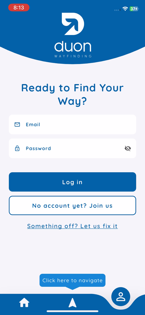 Login screen for the Duon wayfinding app featuring email and password input fields