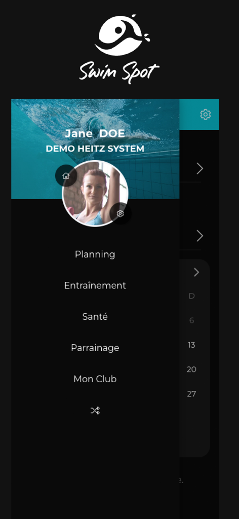 SwimSpot - Interface de l'application mobile SwimSpot affichant le menu de navigation latéral avec le profil utilisateur et les sections pour la planification de l'entraînement et la santé