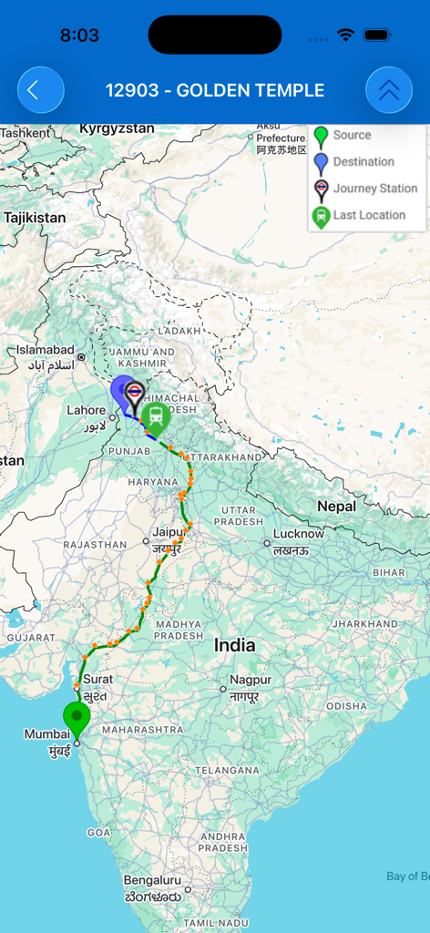 NTES - NTES app screen showing the real-time route of the Golden Temple train on a map of India.
