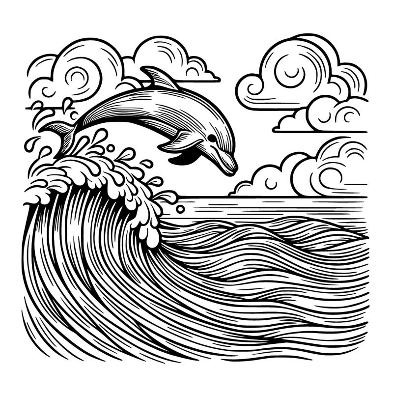 the ocean with waves and a dolphin jumping in the air, realistic!