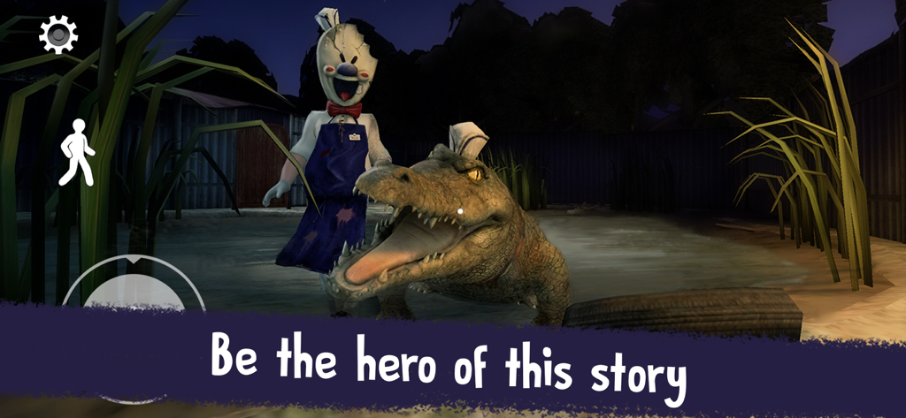 Ice Scream 3 - Rod, el malvado heladero, de pie detrás de un gran cocodrilo de boca abierta en un pantano nocturno.