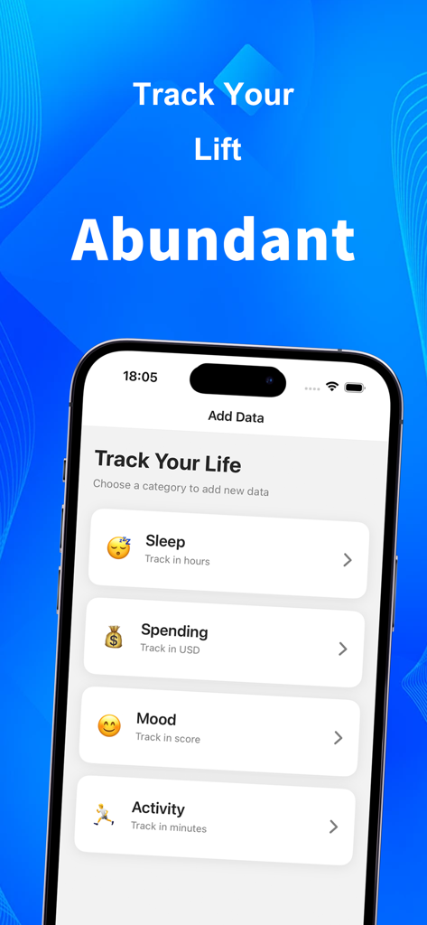 Data Self - Portrait - A smartphone showing the data entry screen of the Data Self-Portrait app with categories for sleep spending mood and activity.