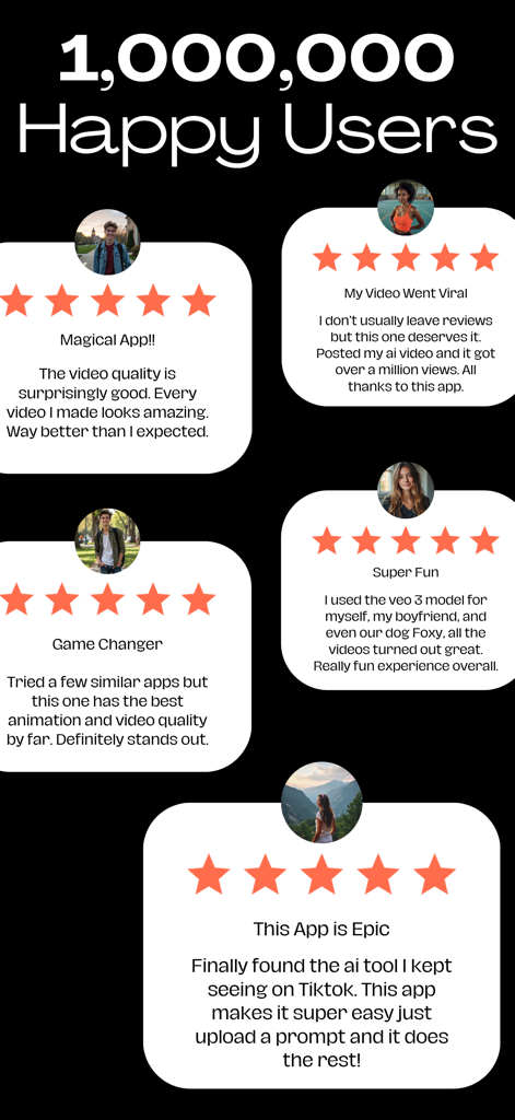 Una colección de reseñas y testimonios de usuarios de 5 estrellas para la aplicación AI Studio que muestran alta calidad de vídeo y éxito viral.