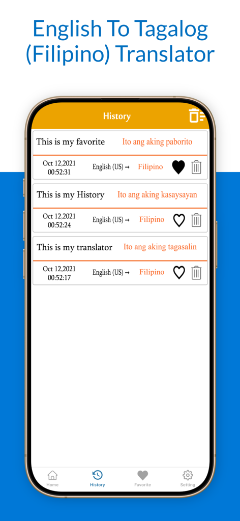 English To Tagalog Translation - The history screen of an English to Tagalog translator app showing several translated phrases.