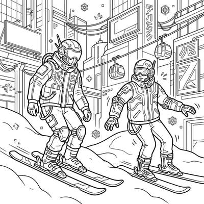 Gear up for an exhilarating coloring journey with these beginner skiers in a stunning cyberpunk cityscape. Customize their futuristic outfits and the glowing urban landscape with your favorite hues.