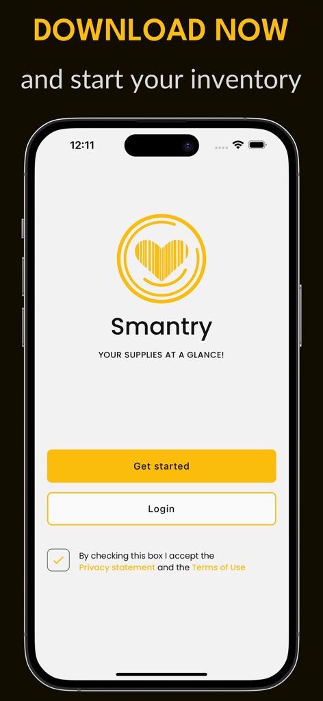 Smantry: Smart pantry - Smantry app landing page on a smartphone showing get started and login buttons