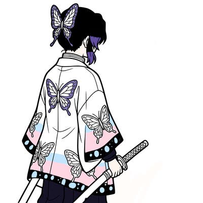 a girl wearing a butterfly coat and holding a sword and wearing- a butterfly clip on the back of her har
