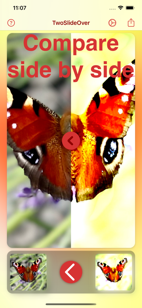 Photo Editor TwoSlideOver app screen showing a side by side comparison of a butterfly photo using a slider.