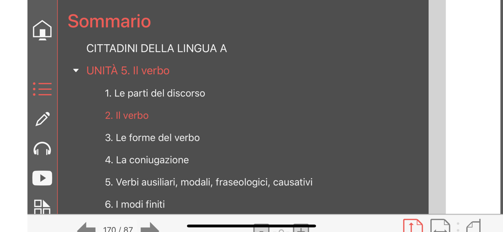 Table of contents screen in the myLIM app showing Italian language units and lesson topics.
