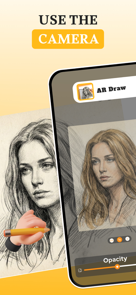 AR Draw: Trace & Paint - A person using the AR Draw app to trace a detailed portrait of a woman using their phone camera and a pencil