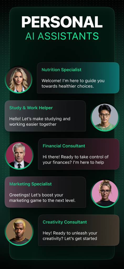 Interface mostrando várias personas de chat de IA, incluindo Especialista em Nutrição, Auxiliar de Estudo e Consultor Financeiro.