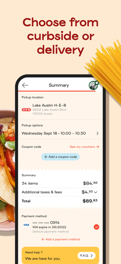Jow - easy recipes & groceries - Jow app order summary interface showing grocery pickup and delivery options