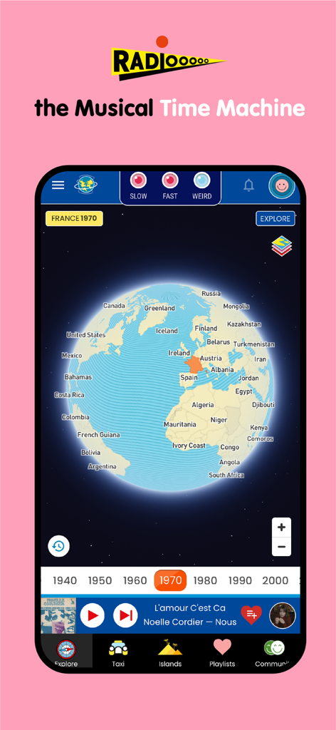 Radiooooo - Radiooooo app interface showing a 3D globe and a decade timeline for exploring music by country and year.