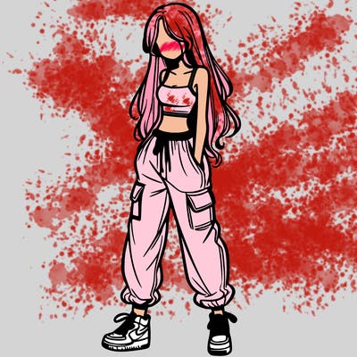 girl in baggy pants crop top and long hair