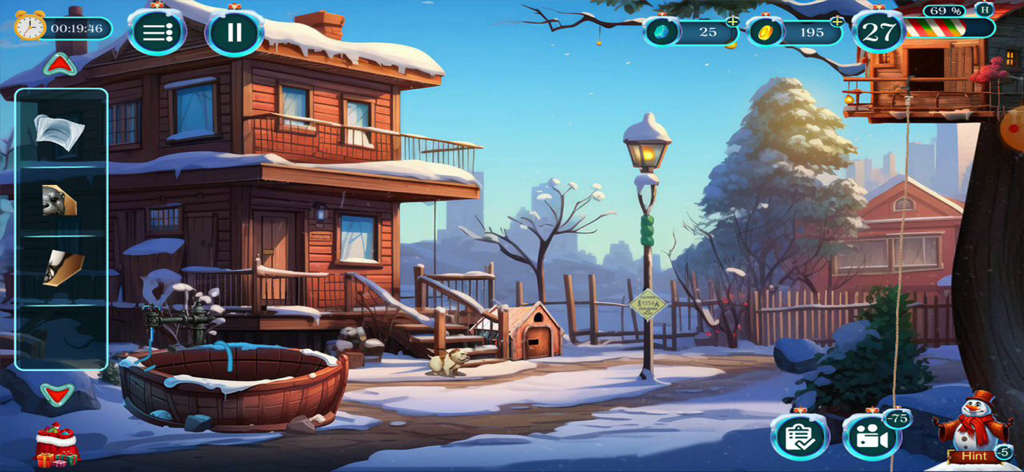 A snowy level in the Christmas Game Frosty World featuring a wooden house and puzzle interface.
