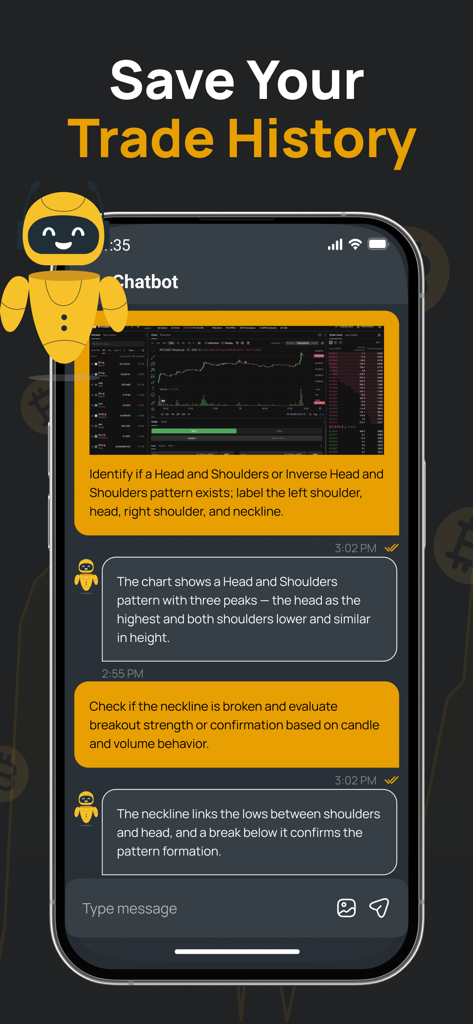 Chart AI: Data Stock Analysis - A mobile app interface displaying an AI chatbot analyzing a head and shoulders pattern on a stock chart