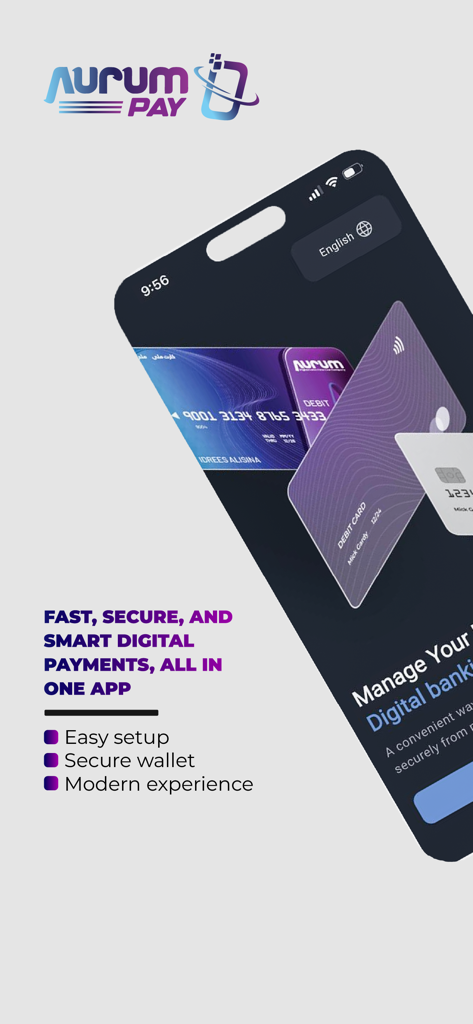 AurumPay - Interface do aplicativo AurumPay mostrando cartões de débito virtuais e recursos para pagamentos digitais seguros