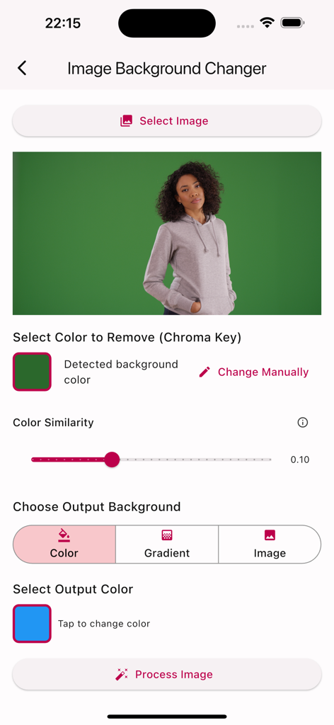 Interface d'une application d'édition d'écran vert montrant les outils de suppression d'arrière-plan et les paramètres de chroma key