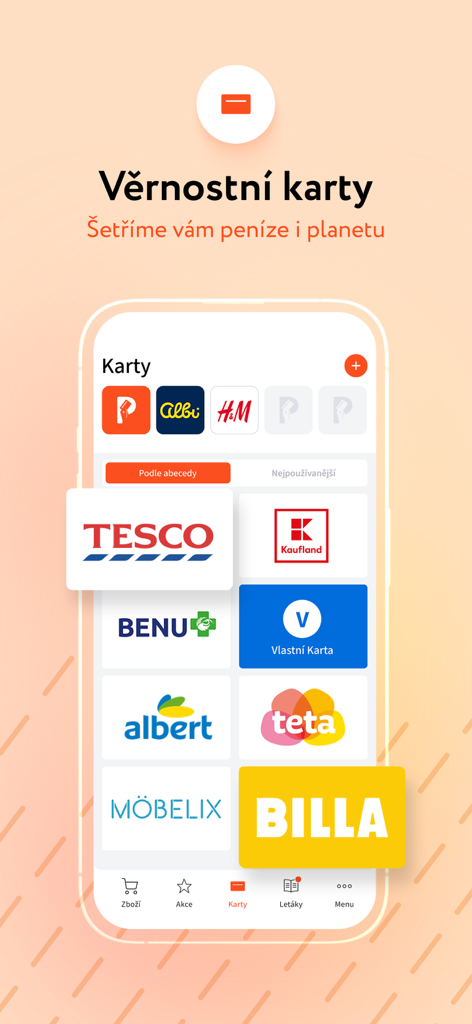 Portmonka - věrnostní karty - Portmonkaアプリのデジタルウォレットインターフェース。様々な小売店のポイントカードが1つの画面に整理されて表示されている。
