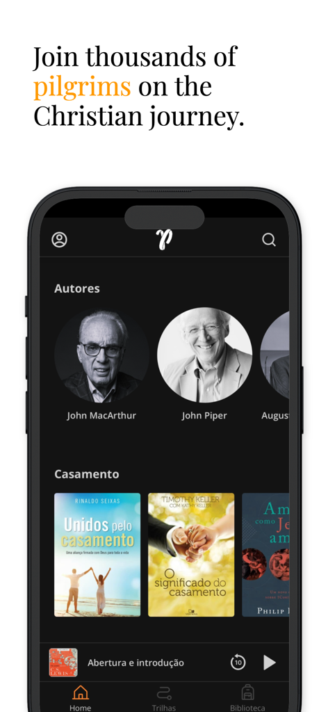 Pilgrim: audiobooks and ebooks - Pilgrim app home screen featuring Christian authors and books on marriage