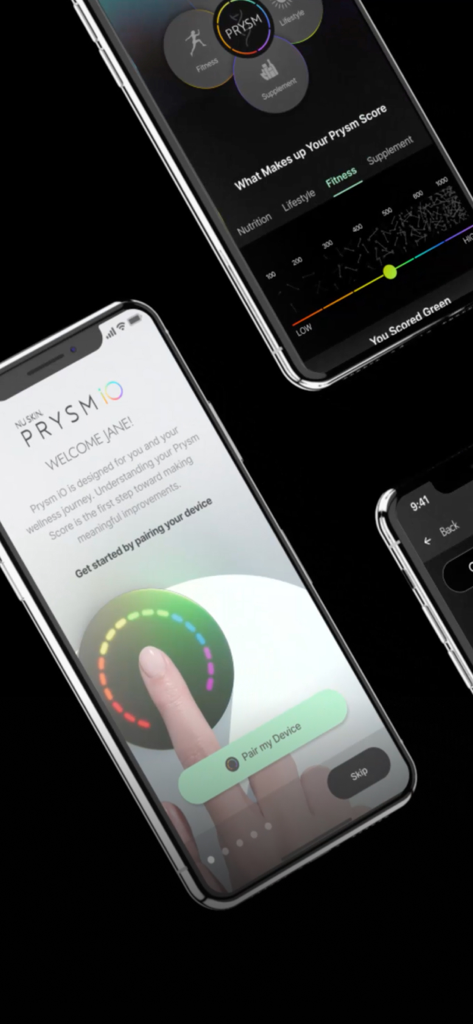 Nu Skin Prysm iO - Nu Skin Prysm iO app screens showing personalized wellness scores and device pairing interface.