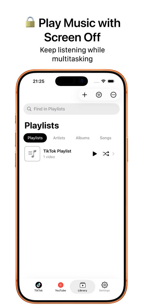 PlayListic: Background Player - User interface of PlayListic app showing personal playlists and the option to play music with the screen off.