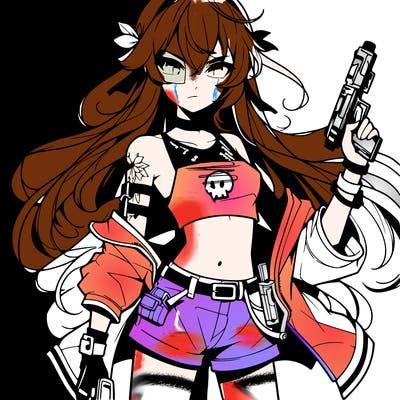 bad girl wearing crop top holding a gun long hair anime