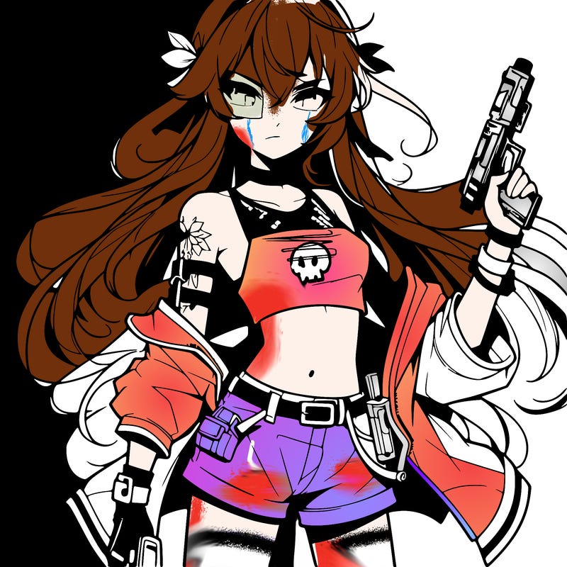 bad girl wearing crop top holding a gun long hair anime