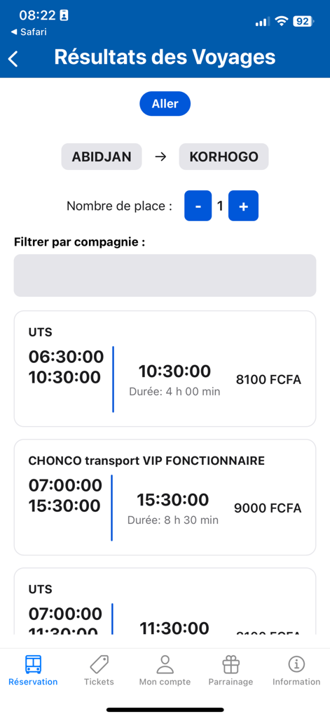 Transap - Interface do aplicativo Transap exibindo opções de viagem de ônibus de Abidjan para Korhogo