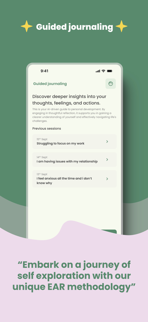 Serenity by Medista mobile app interface displaying the guided journaling feature and previous reflection sessions