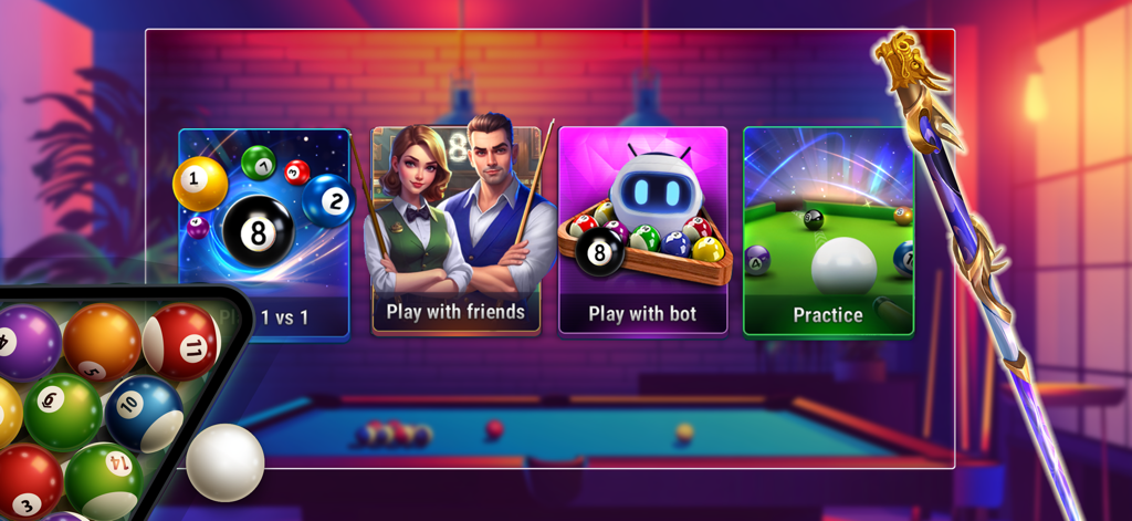 Pool Club: 8 Ball Billiards - Pantalla del menú principal de Pool Club 8 Ball Billiards mostrando varios modos de juego, incluyendo 1 contra 1 y práctica.