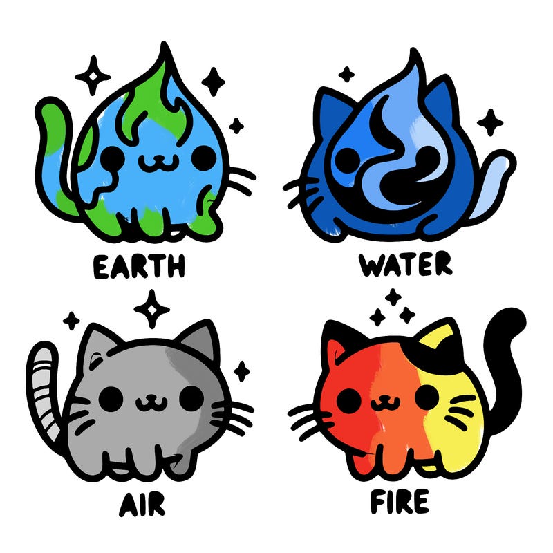 4 cats that represent the different elements, earth, water, air, and fire