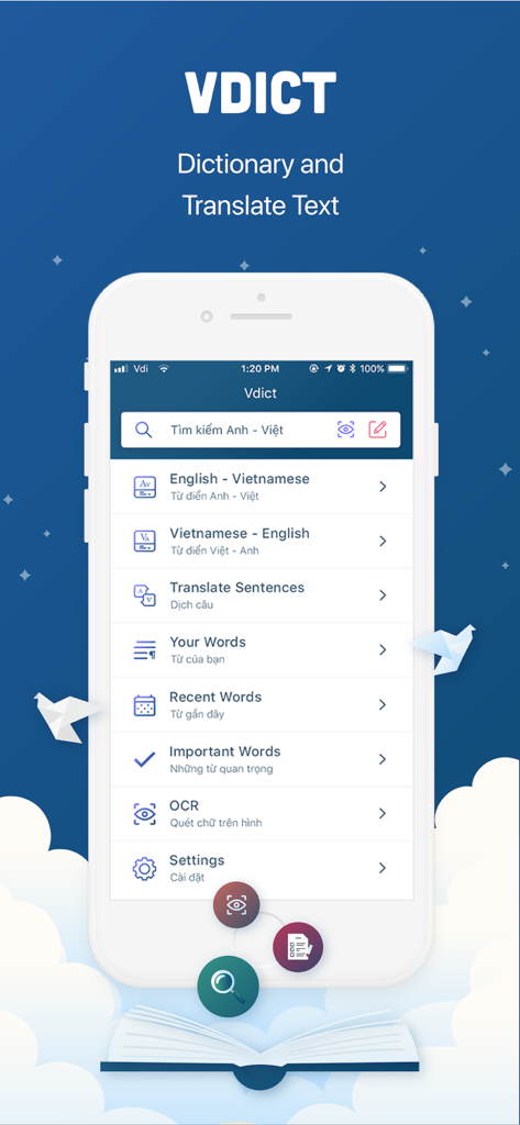Interfaz de la aplicación Vdict que muestra el diccionario y las funciones de traducción de inglés a vietnamita