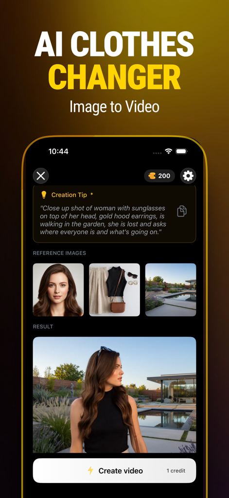 Interface of the VideoShot app showing the AI clothes changer feature with reference images for character outfit and background