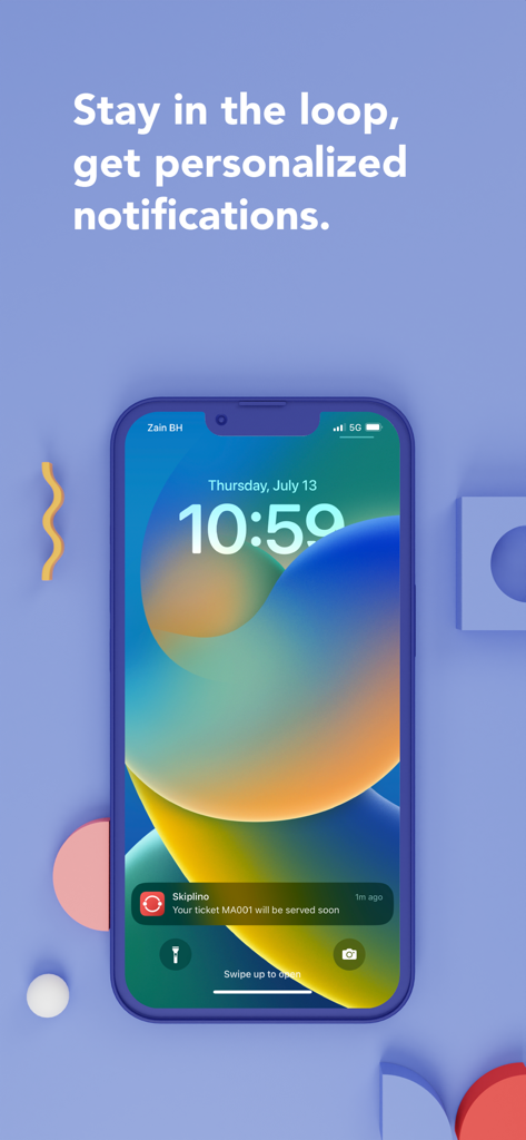 Skiplino - iPhone lock screen showing a Skiplino notification that a queue ticket will be served soon
