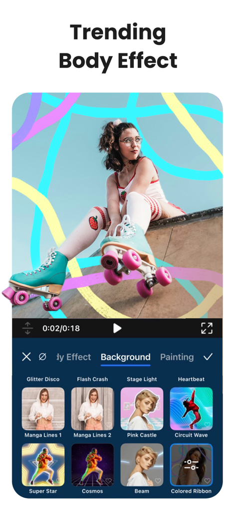 PowerDirector app interface showing trending body effects and background filters with a rollerblading woman.