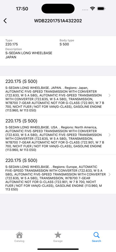 Car Parts - OEM catalogs - Mobile app screen displaying vehicle specifications and regional variations for a Mercedes-Benz S500 after a VIN search.