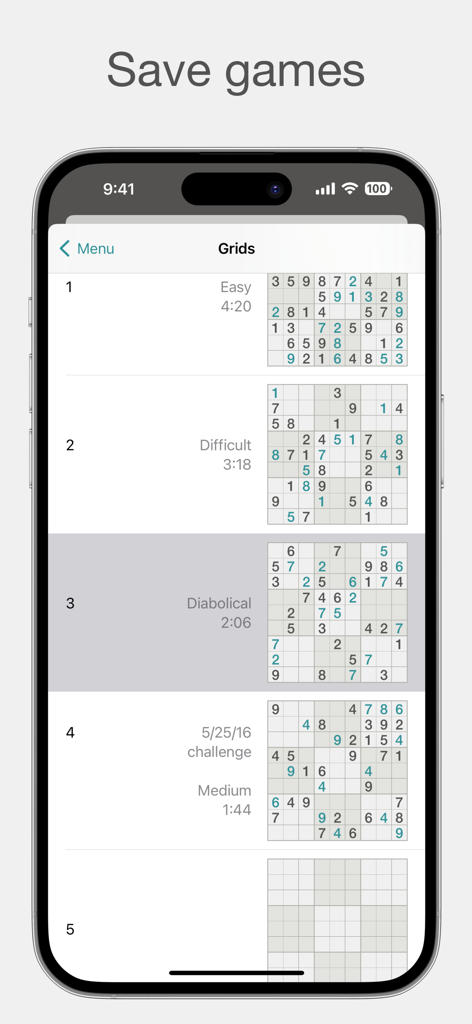 Interface mostrando várias grades de jogos de Sudoku salvos com diferentes níveis de dificuldade