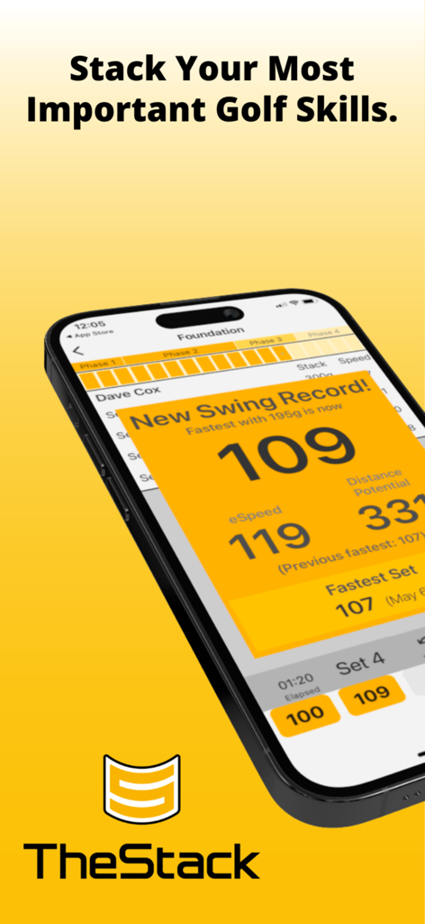 The Stack System - The Stack System app interface displaying a new swing record and golf speed performance metrics