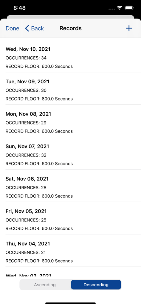 AimStar Pro - AimStar Pro app screen displaying a chronological list of behavioral data records with occurrences and dates.