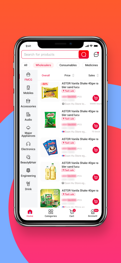 Egatee - Interfaz de la aplicación móvil Egatee que muestra una lista de productos con artículos FMCG, categorías y descuentos de venta flash