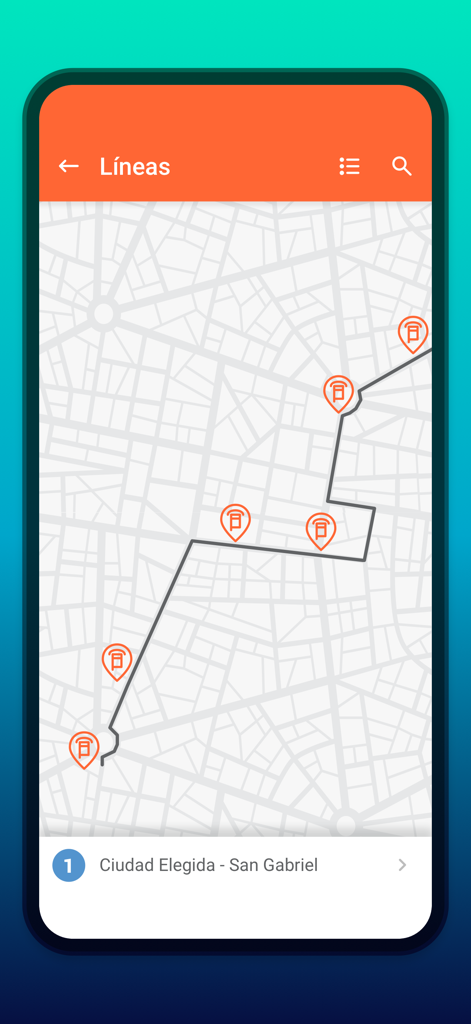 Alicante Bus - A screenshot of the Alicante Bus app showing a map with the bus route for line 1 between Ciudad Elegida and San Gabriel with stop icons.