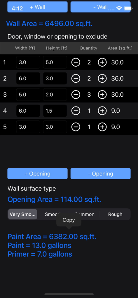 Screen showing paint and primer calculations including exclusions for doors and windows