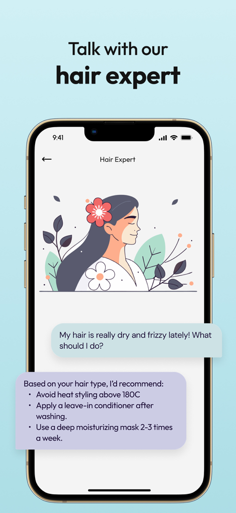A smartphone screen showing the Kera app chat interface where an AI hair expert provides personalized advice for dry and frizzy hair