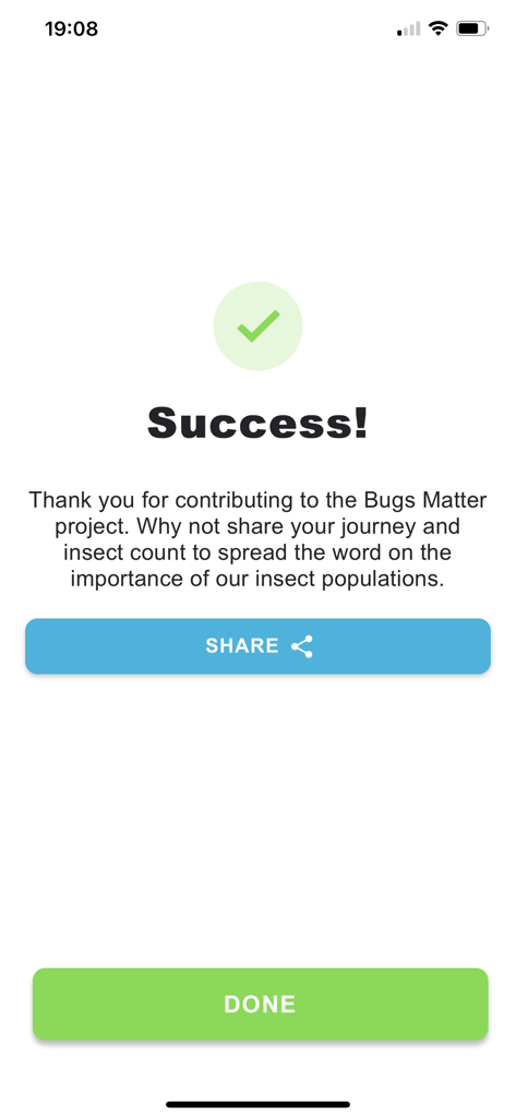 Bugs Matter - Bugs Matter app success screen showing submission confirmation